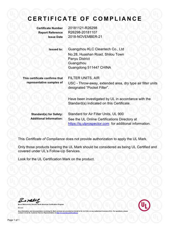 Pocket Filter-UL-Certificate of Compliance